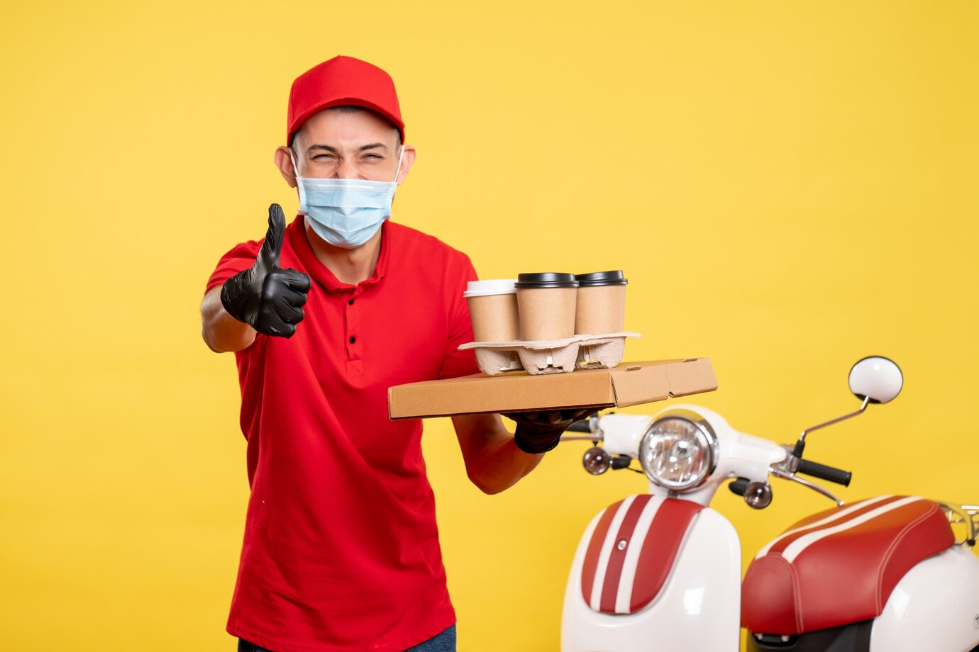 Delivery rider with coffee cups and scooter, yellow background